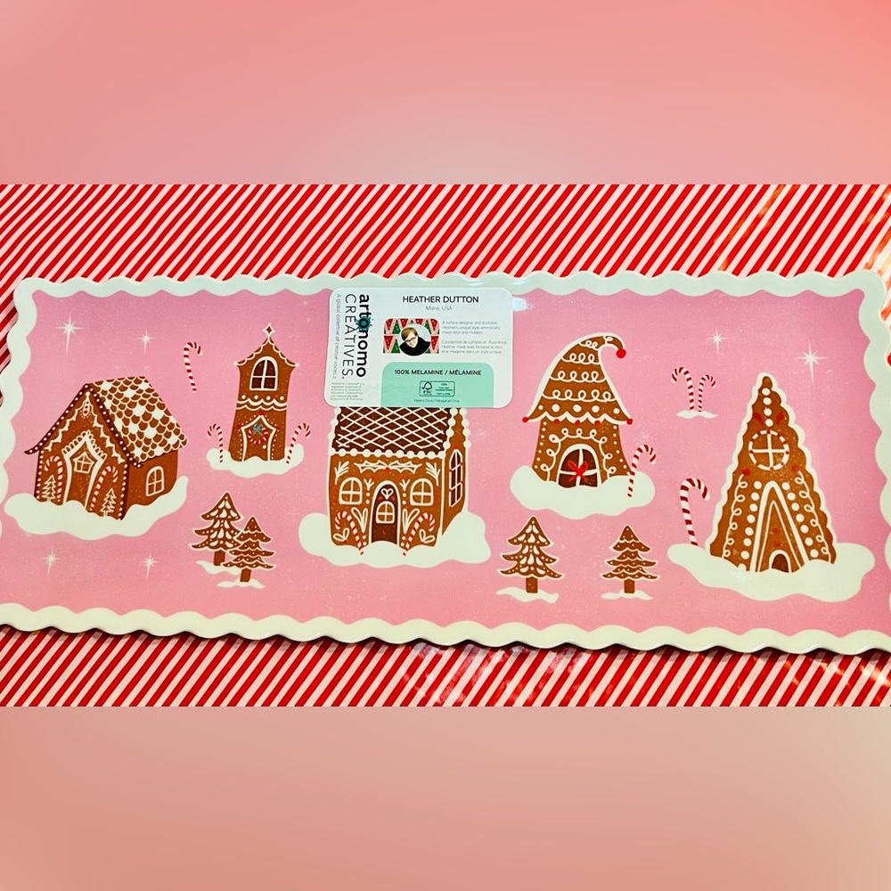 Christmas Pink Gingerbread Village Melamine Serving Tray Whimsical - Picture 5 of 12